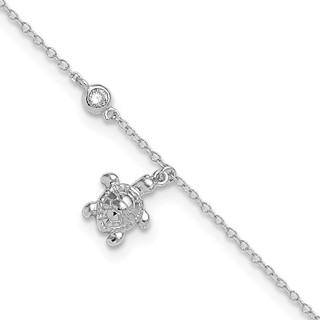 Sterling Silver Rhodium-plated CZ Turtle Charm 9 inch Plus 1 inch Extender - Total 10 inch Anklet