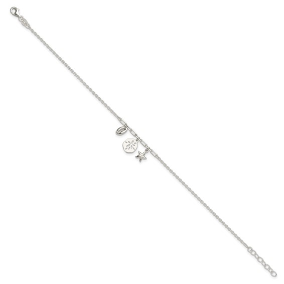 Sterling Silver Shell/SandDollar/Starfish 9 inch Plus 1 inch Extender - Total 10 inch Anklet