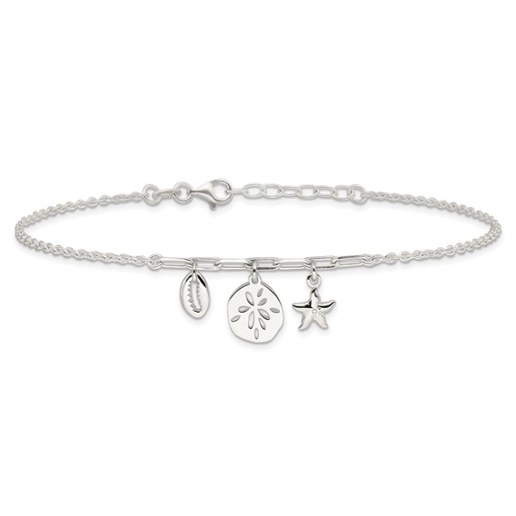 Sterling Silver Shell/SandDollar/Starfish 9 inch Plus 1 inch Extender - Total 10 inch Anklet