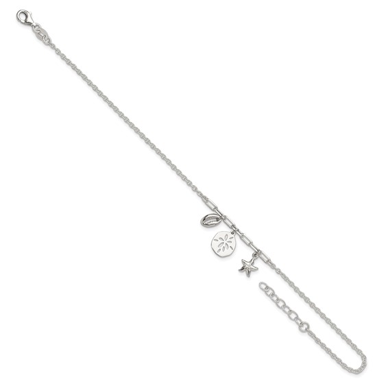 Sterling Silver Shell/SandDollar/Starfish 9 inch Plus 1 inch Extender - Total 10 inch Anklet