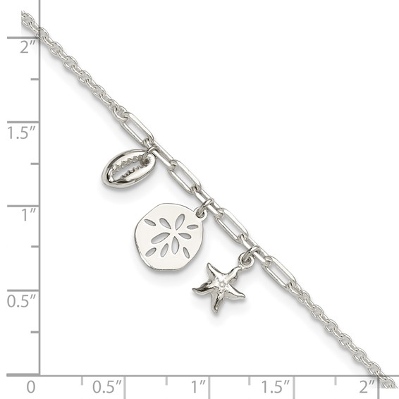 Sterling Silver Shell/SandDollar/Starfish 9 inch Plus 1 inch Extender - Total 10 inch Anklet