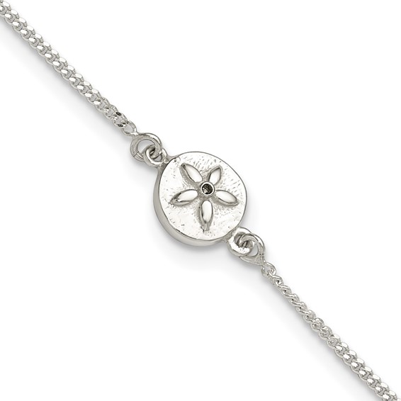 Sterling Silver CZ Sand Dollar 9 inch Plus 1 inch Extender - Total 10 inch Anklet
