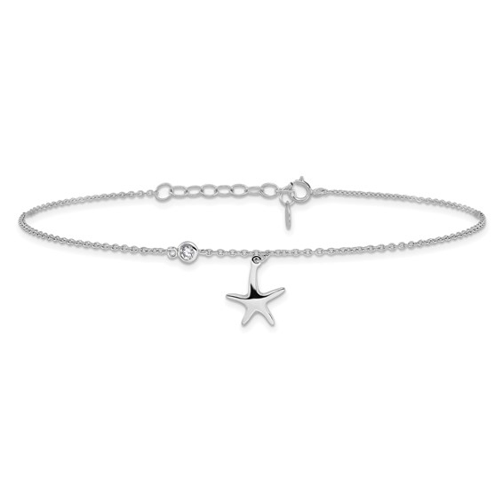 Sterling Silver Rhodium-plated CZ Starfish 9 inch Plus 1 inch Extender  - Total 10 inch Anklet