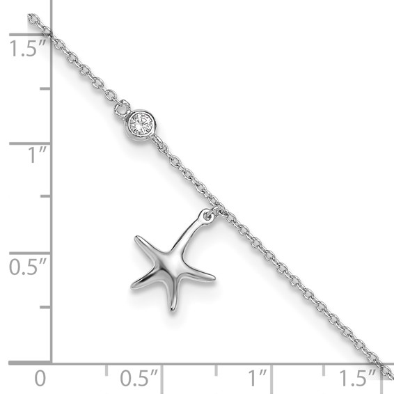Sterling Silver Rhodium-plated CZ Starfish 9 inch Plus 1 inch Extender  - Total 10 inch Anklet