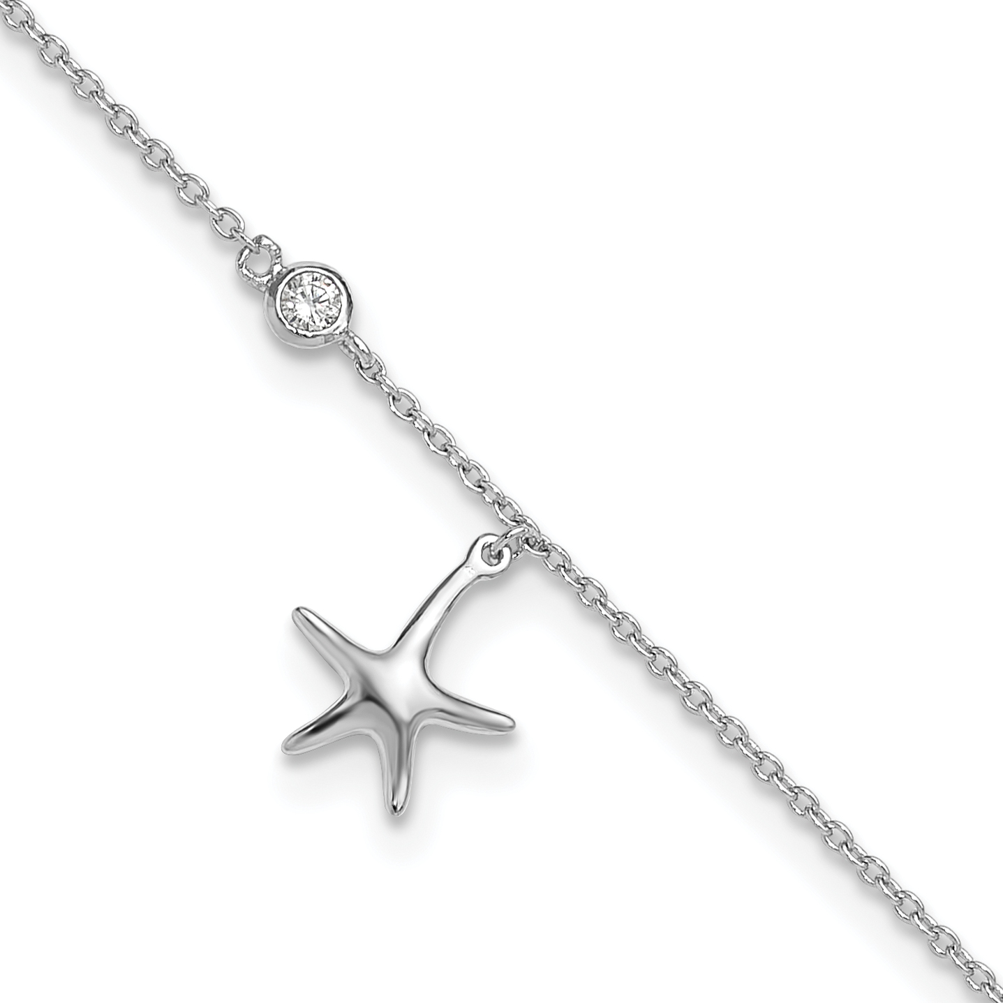 Sterling Silver Rhod-plated Polished CZ Starfish 9in Plus 1 in Ext  Anklet (QG5760-9)