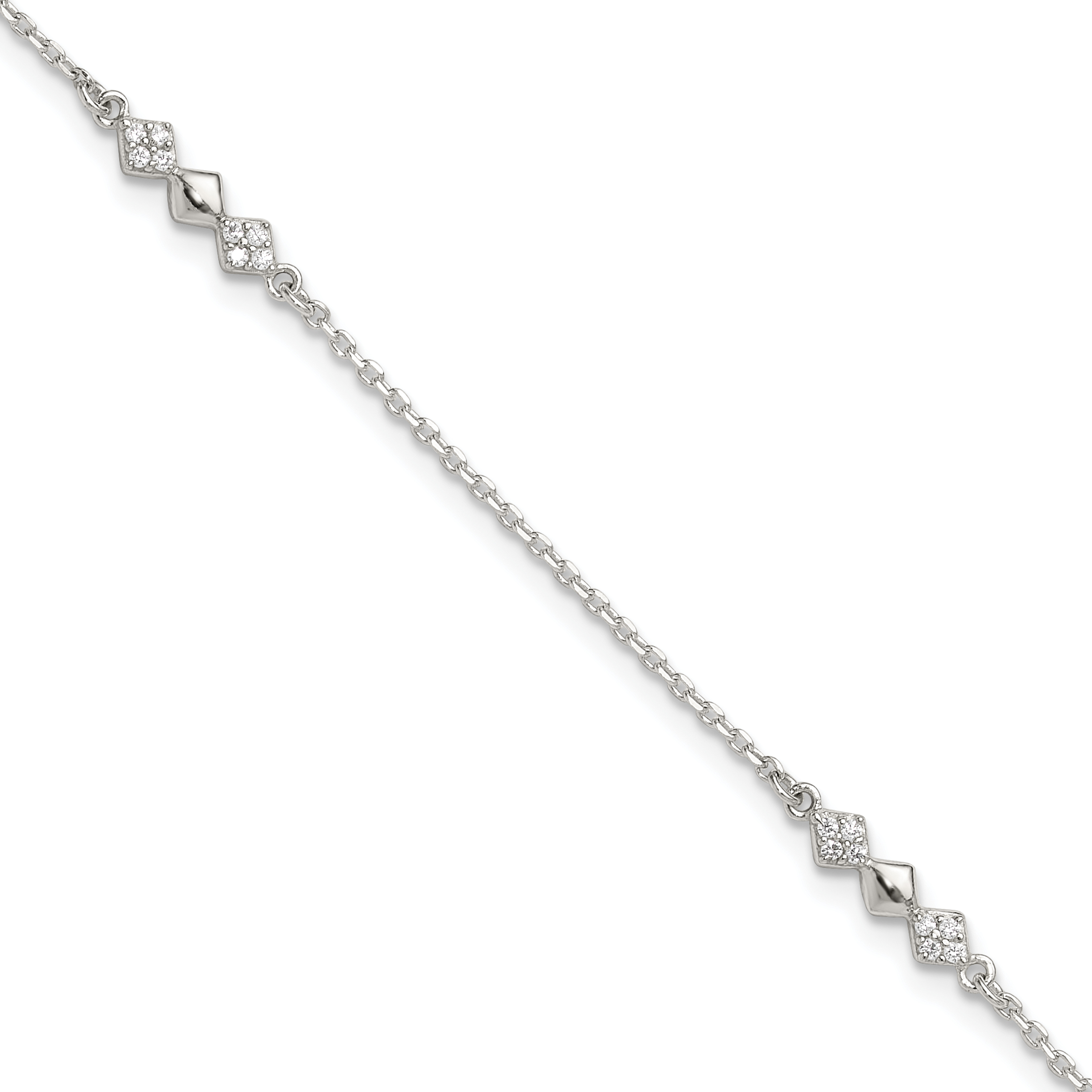 Sterling Silver CZ 3-Diamond Shapes 9in Plus 1 in Ext. Anklet (QG5763-9)