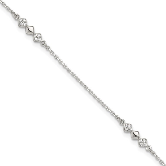 Sterling Silver CZ Shapes 9 inch Plus 1 inch Extender  - Total 10 inch Anklet