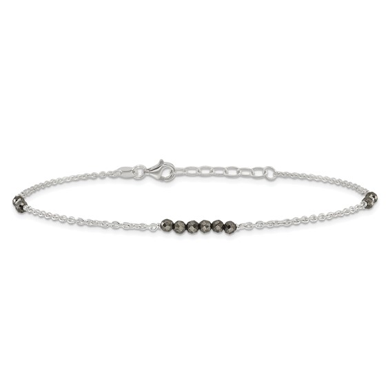 Sterling Silver Black CZ Beads 9 inch Plus 1 inch Extender - Total 10 inch Anklet