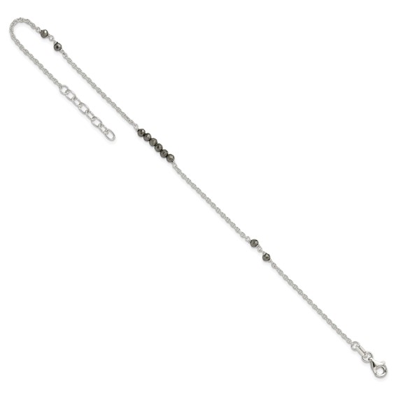 Sterling Silver Black CZ Beads 9 inch Plus 1 inch Extender - Total 10 inch Anklet