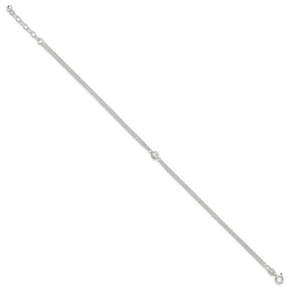 Sterling Silver Bezel CZ 2-Strand 9 inch Plus 1 inch Extender - Total 10 inch Anklet