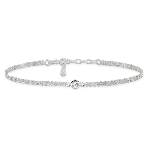 Sterling Silver Bezel CZ 2-Strand 9 inch Plus 1 inch Extender - Total 10 inch Anklet