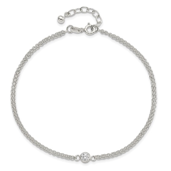 Sterling Silver Bezel CZ 2-Strand 9 inch Plus 1 inch Extender - Total 10 inch Anklet