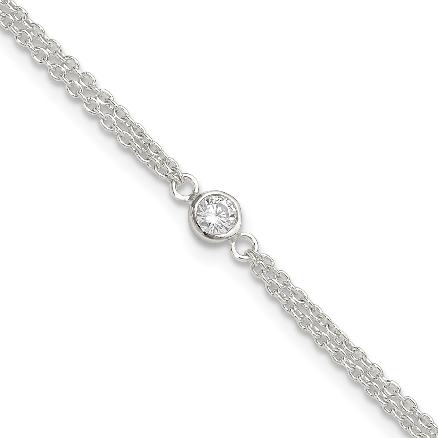 Sterling Silver Bezel CZ 2-Strand 9in Plus 1 in Ext. Anklet (QG5766-9)