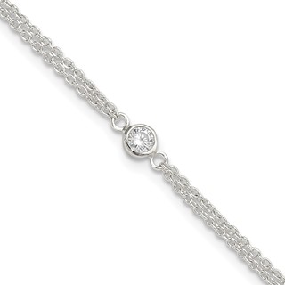 Sterling Silver Bezel CZ 2-Strand 9 inch Plus 1 inch Extender - Total 10 inch Anklet