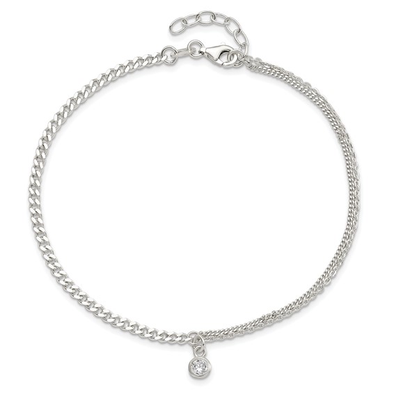Sterling Silver CZ Fancy Chain 9 inch Plus 1 inch Extender - Total 10 inch Anklet