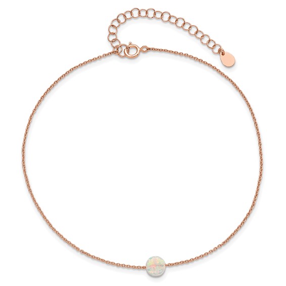 Sterling Silver Rose-tone White Created Opal Bead 9 inch Plus 2 inch Extender - Total 11 inch Anklet