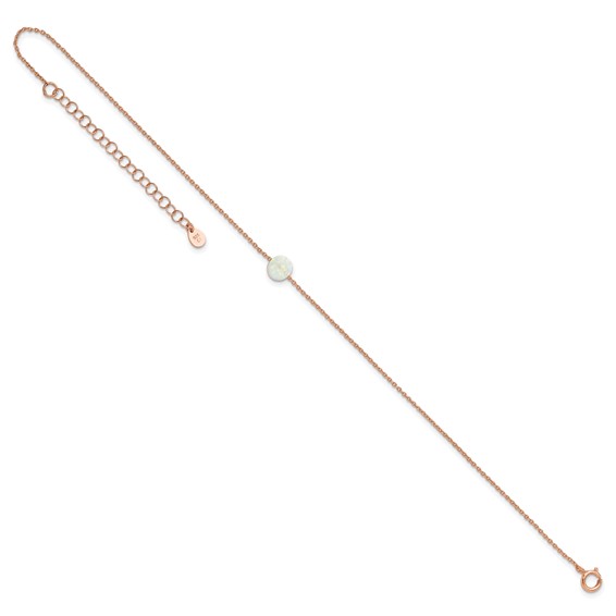 Sterling Silver Rose-tone White Created Opal Bead 9 inch Plus 2 inch Extender - Total 11 inch Anklet