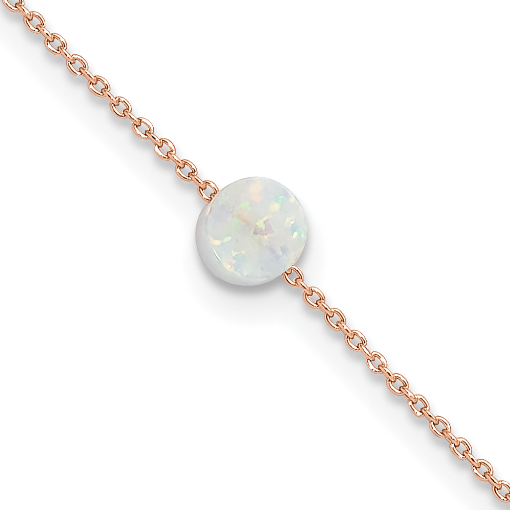 Sterling Silver Rose-tone White Created Opal 9in Plus 2 in ext. Anklet (QG5768-9)