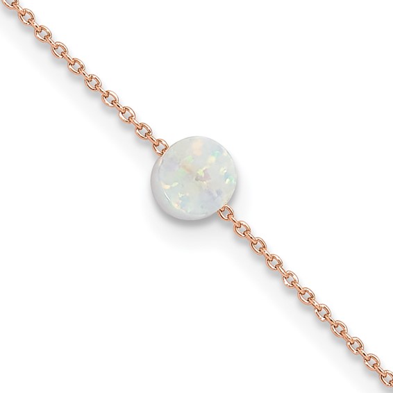Sterling Silver Rose-tone White Created Opal Bead 9 inch Plus 2 inch Extender - Total 11 inch Anklet