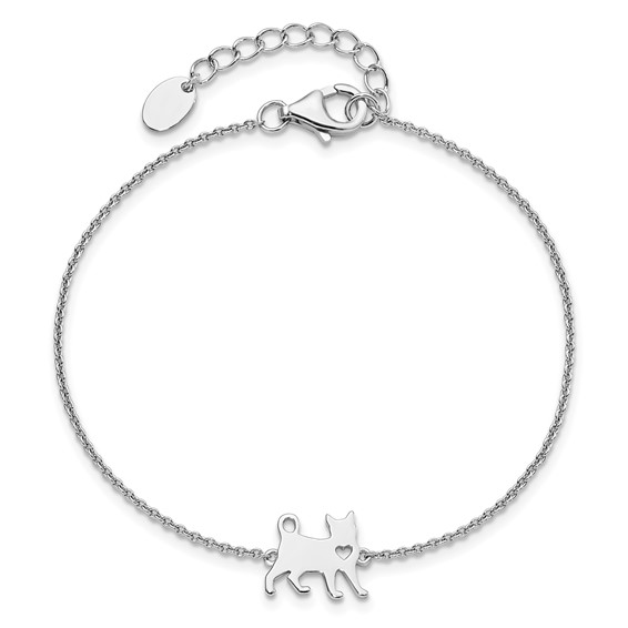 Sterling Silver Rhodium-plated Cat w/Heart 7in Plus 1in ext Bracelet