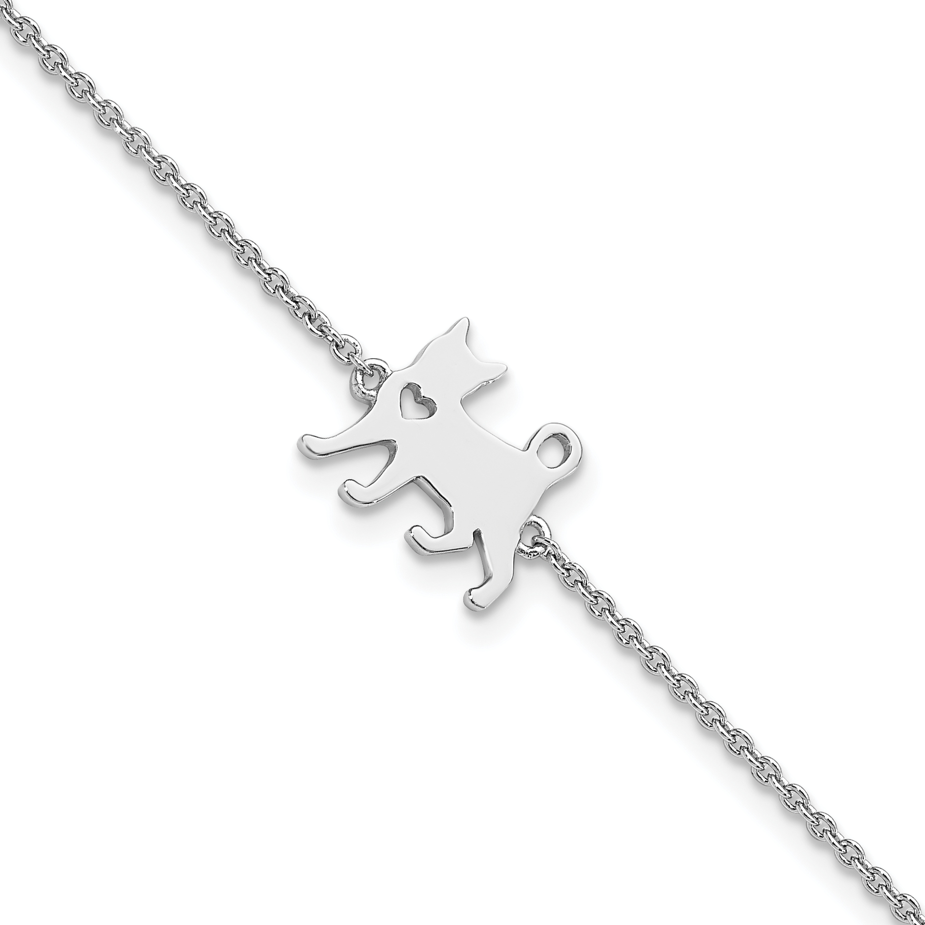 Sterling Silver Rhodium-plated Cat w/Heart 7in Plus 1in ext Bracelet (QG5777-7)