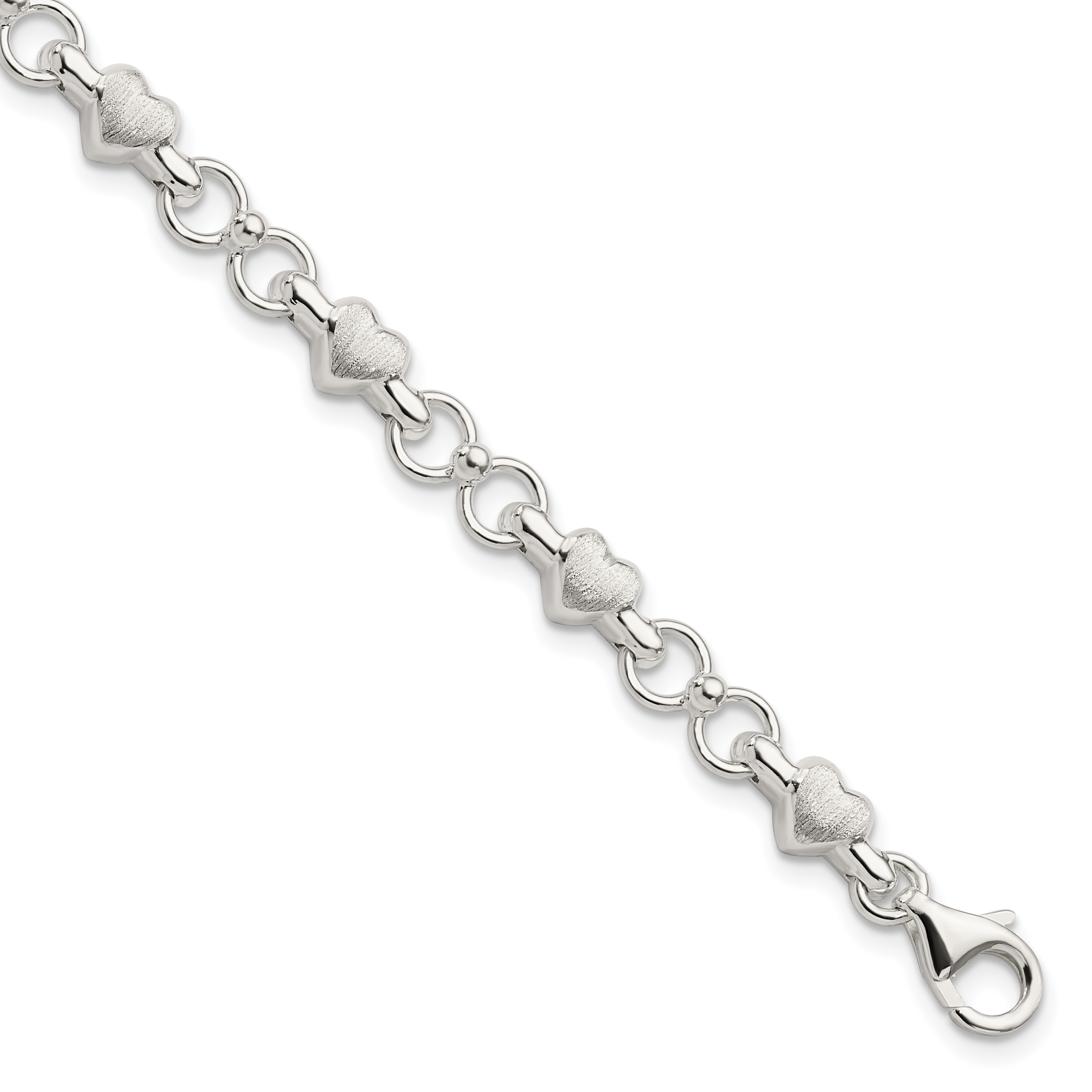 Sterling Silver Satin & Polished Heart Chain Bracelet (QG5786-7.5)