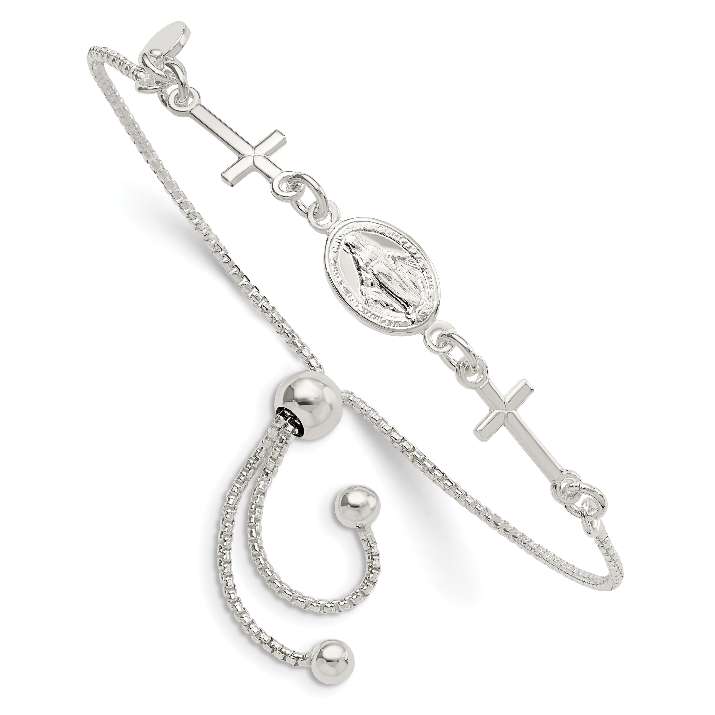 Sterling Silver Miraculous & Crosses Adjustable Bracelet (QG5798)