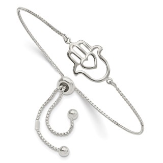 Sterling Silver Polished Heart Hamsa Adjustable Bracelet