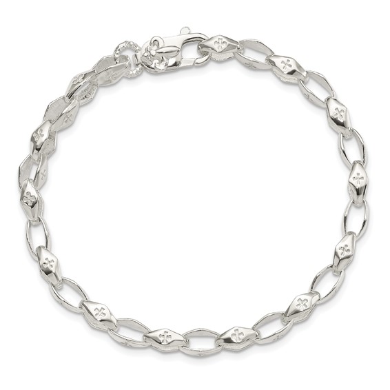 Sterling Silver Polished Cross w/Fleur de Lis Clasp Bracelet