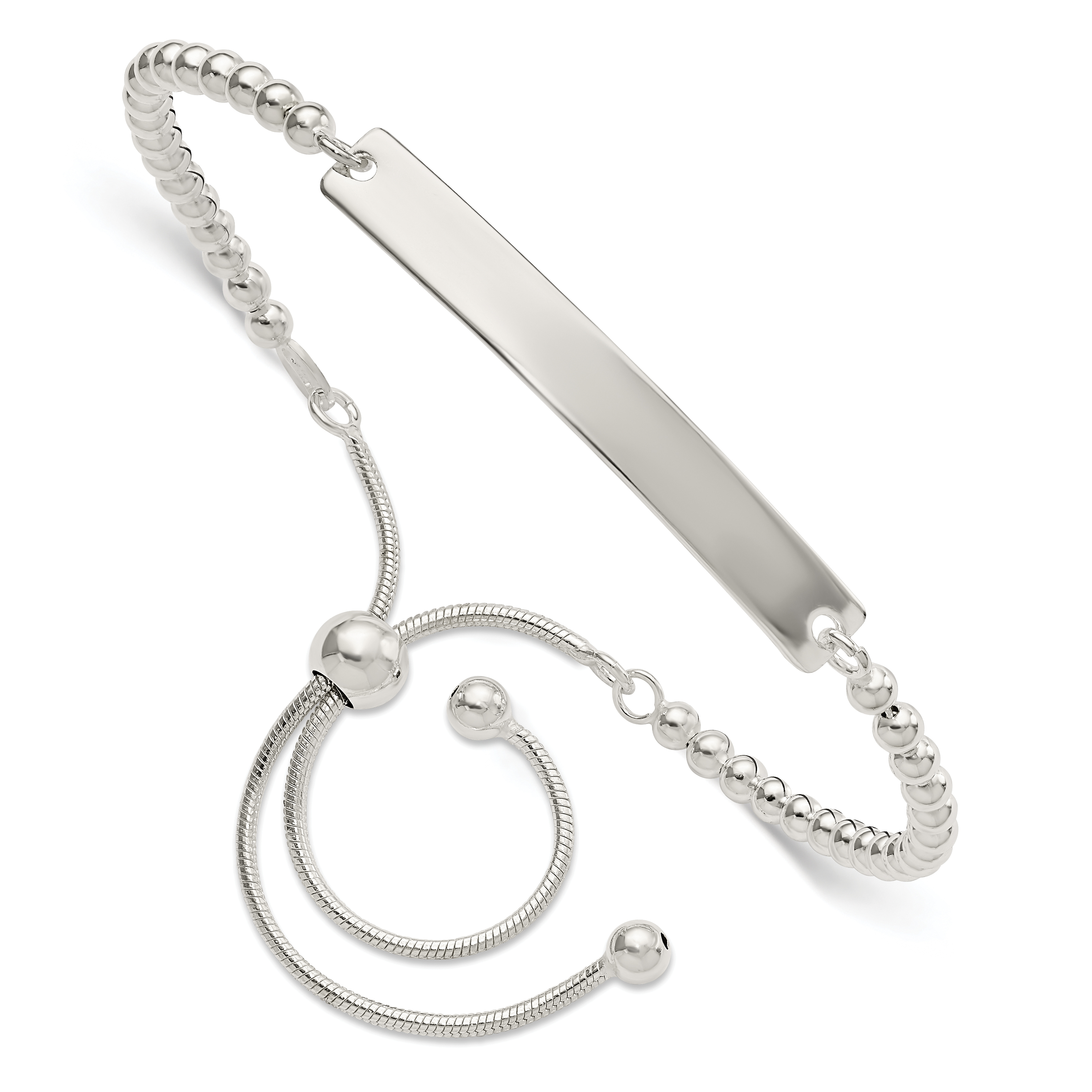 Sterling Silver Polished Beaded Adjustable ID Bracelet (QG5892)