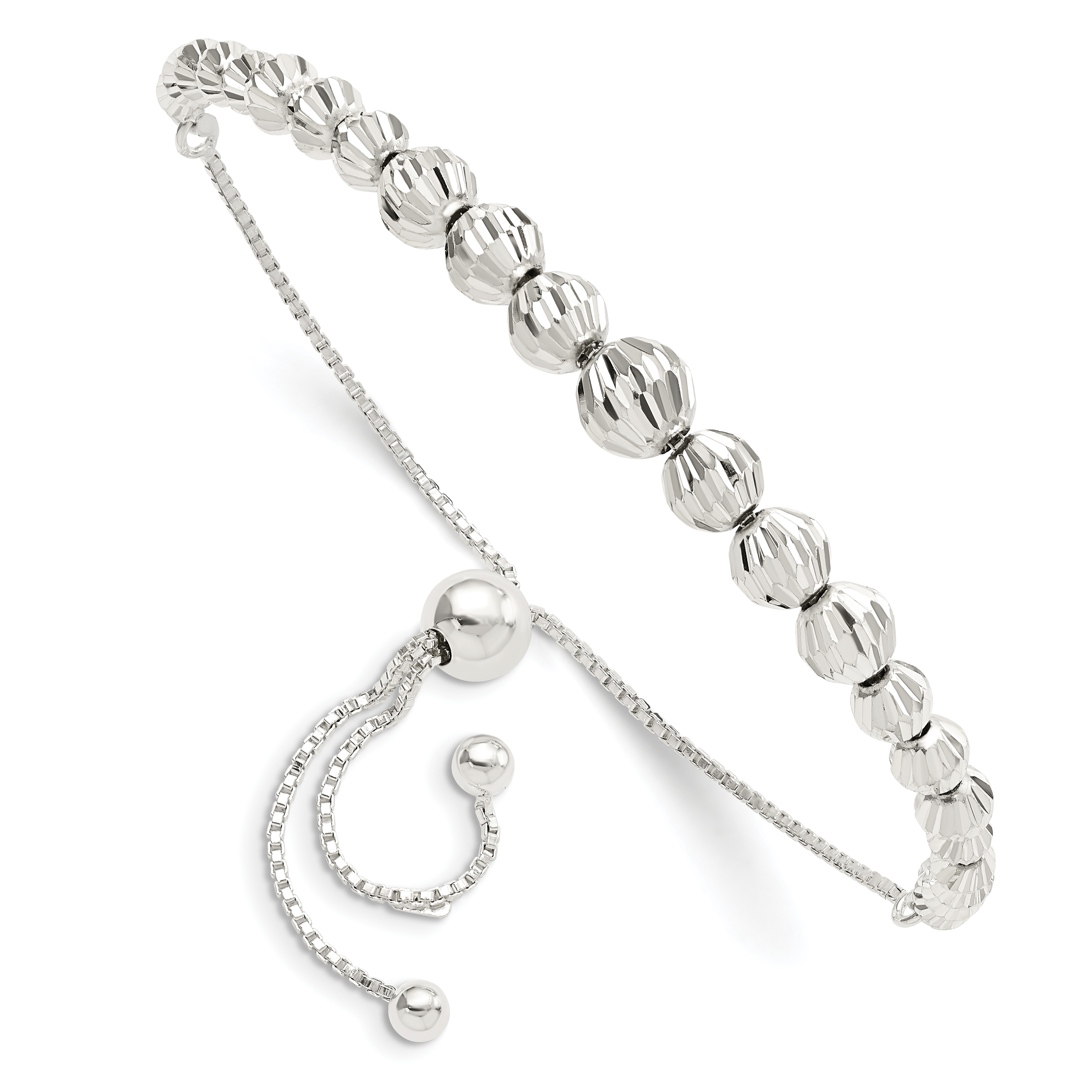 Sterling Silver Polished & D/C Beaded Adjustable Bracelet (QG5895)