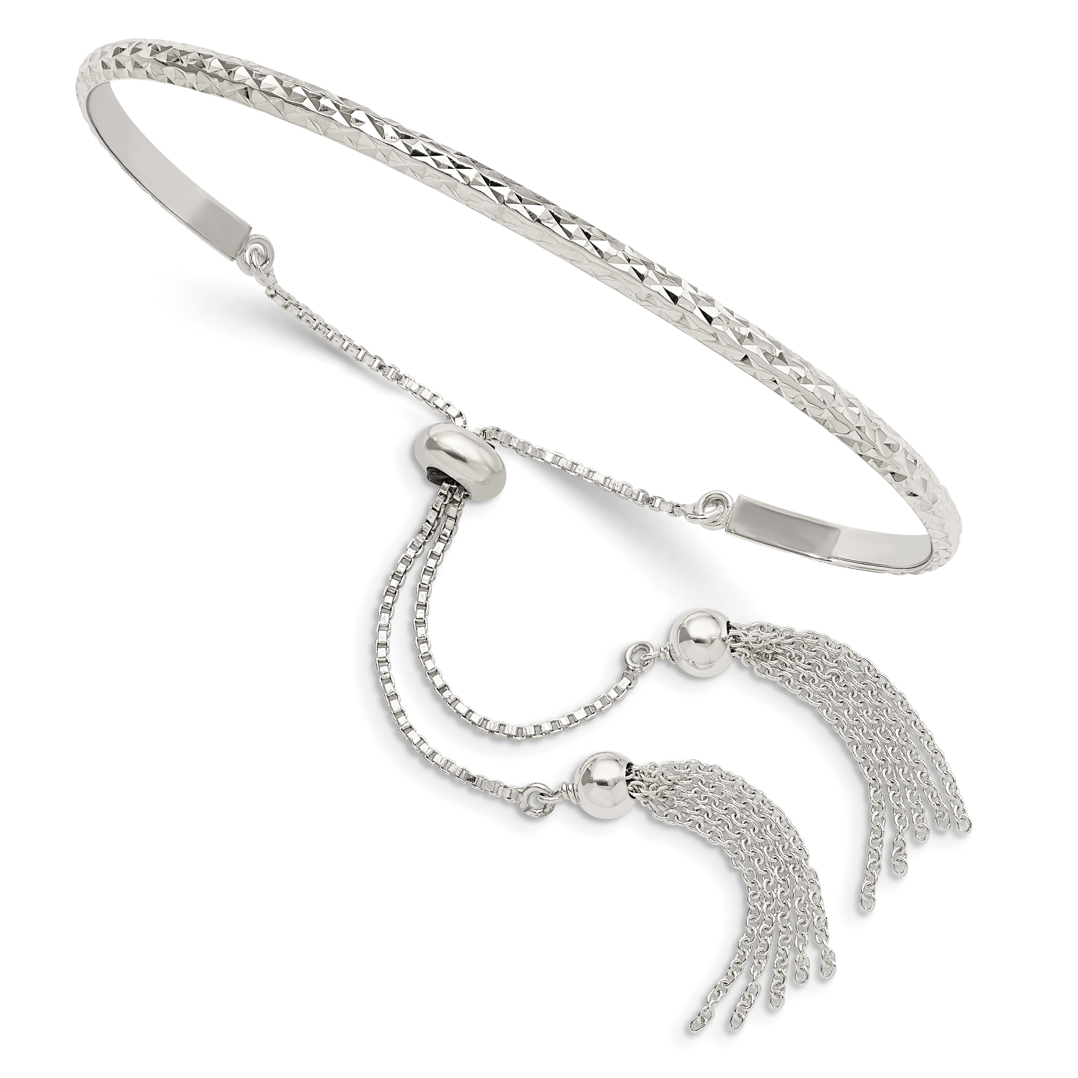 Sterling Silver Polished D/C w/tassels Adjustable Bangle (QG5898)