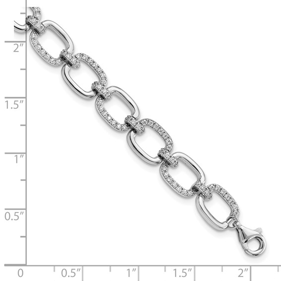 Sterling Silver Rhodium-plated Clear CZ and Polished Square Link 7.75 inch Bracelet