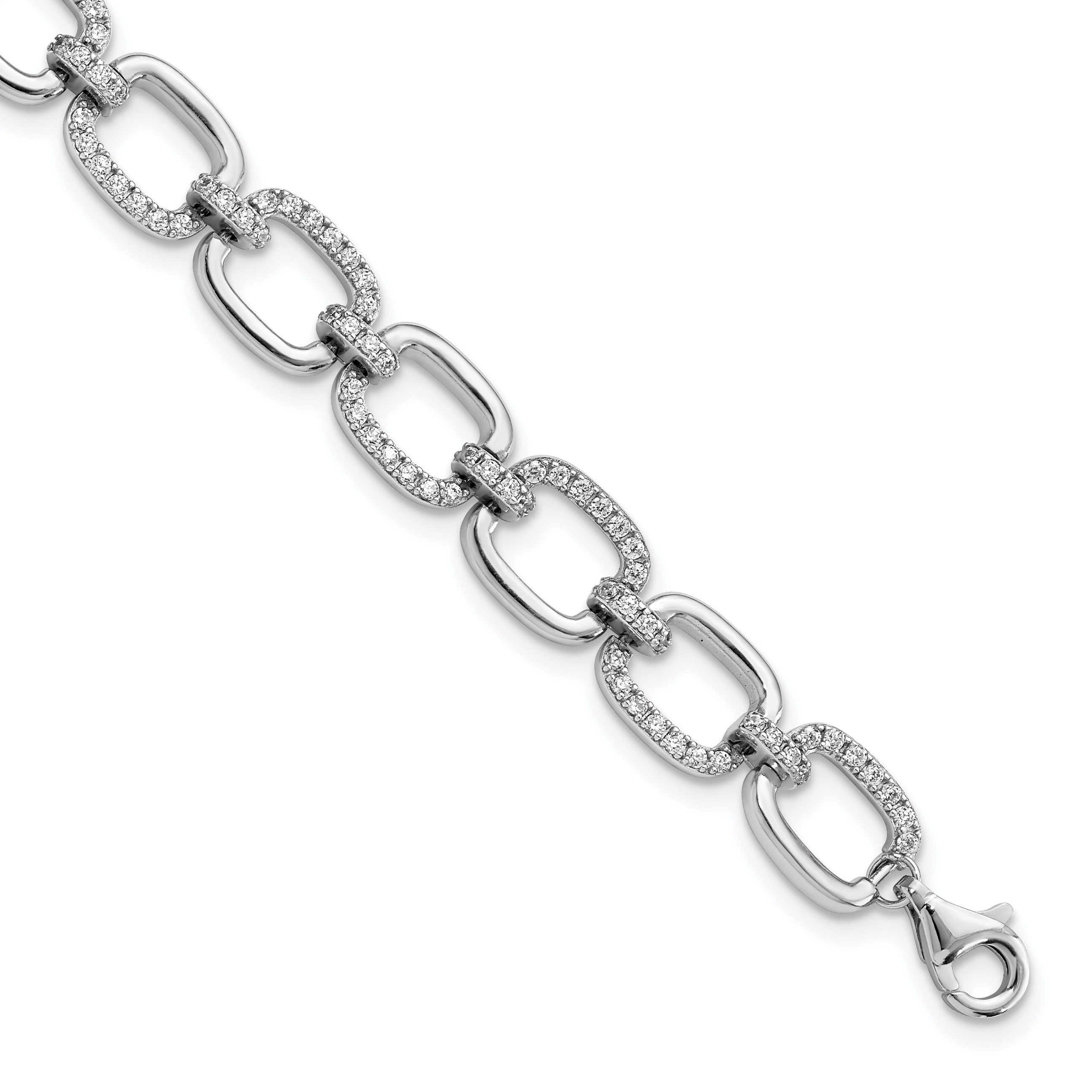 Sterling Silver Rhodium-plated Clear CZ and Polished Square Link 7.75 inch Bracelet (QG5911-7.75)