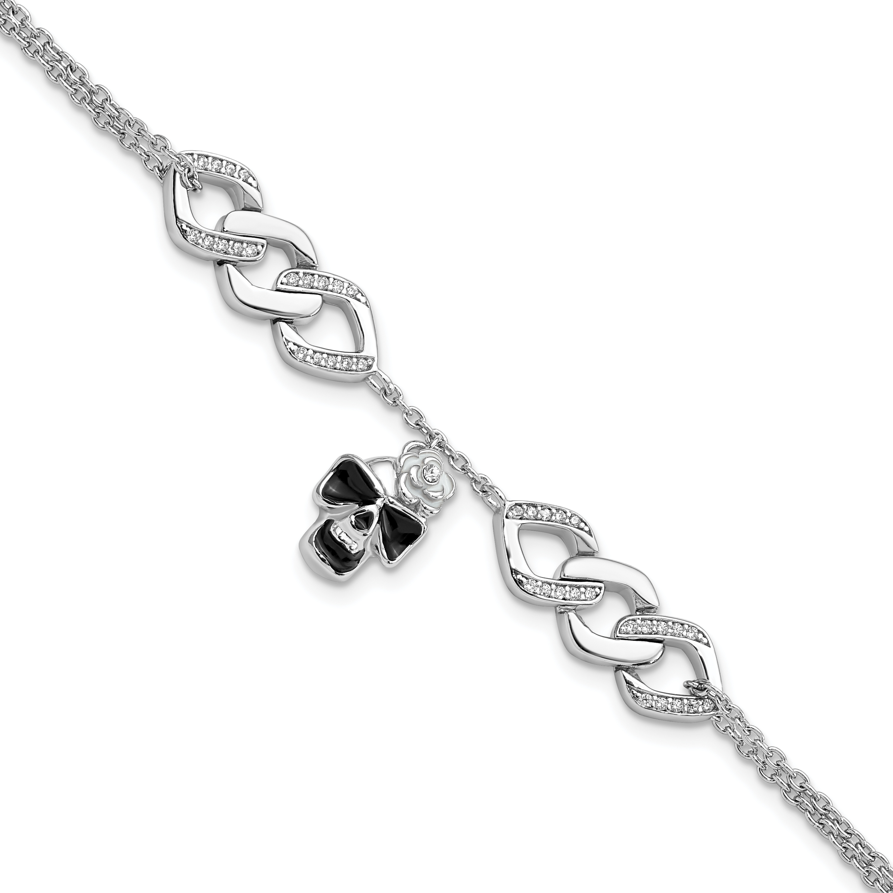 Sterling Silver RH CZ Enamel Skull w/Flower 6.5in w/1in ext Bracelet (QG5913-6.5)