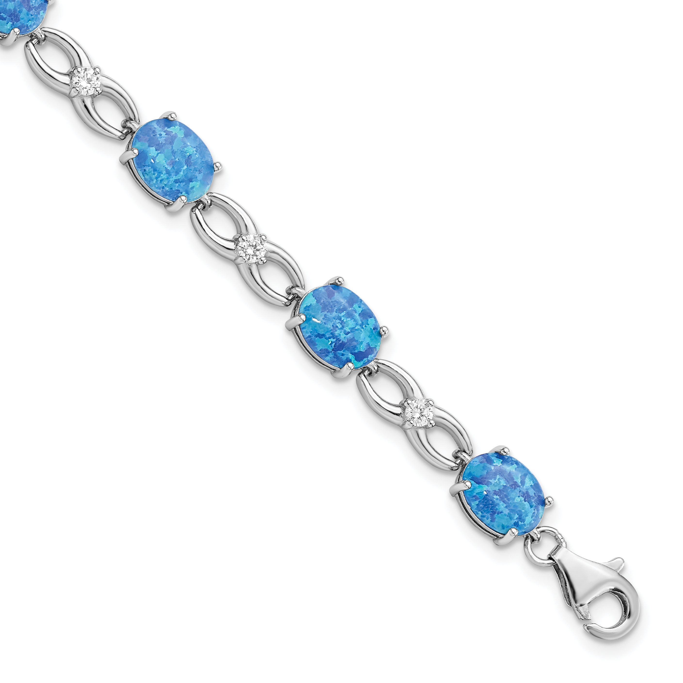 Sterling Silver Rhodium-plated Polished Blue Created Opal & CZ Bracelet (QG5922-7.25)