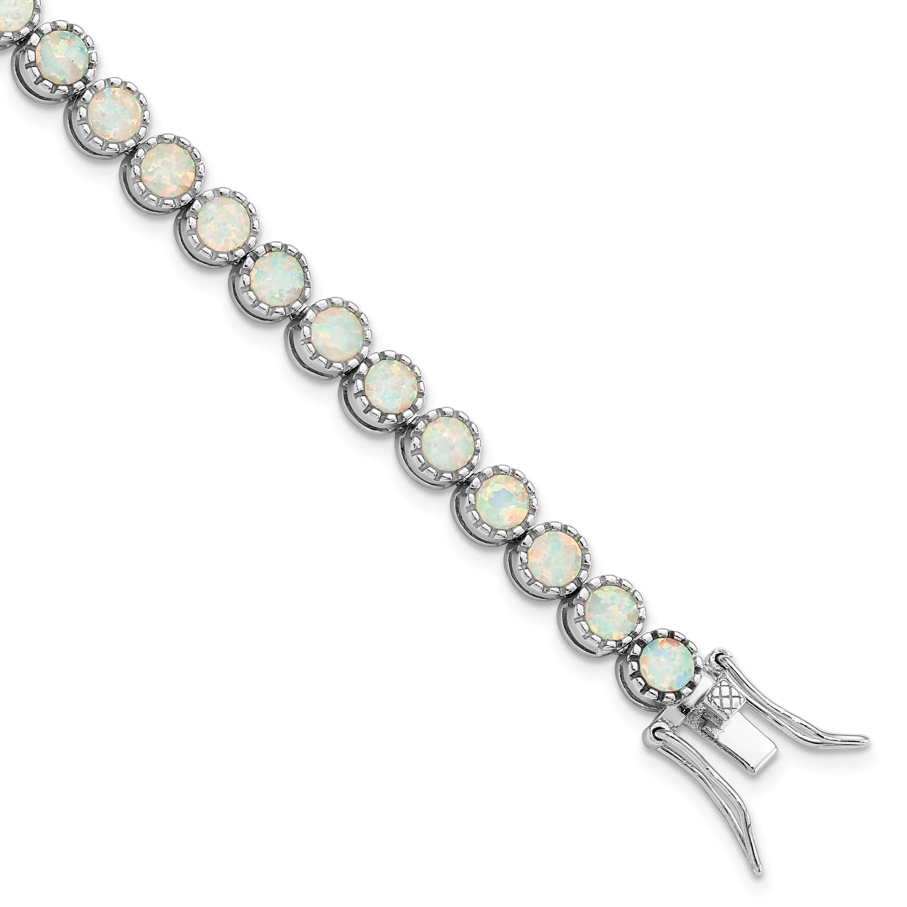 Sterling Silver Rhodium-plated Beaded White Created Opal Inlay Bracelet (QG5925-7)