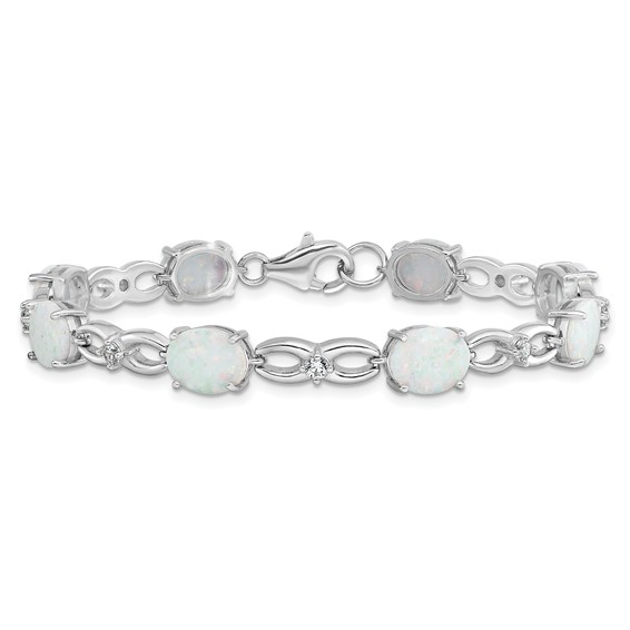 Sterling Silver Rhodium-plated Polished White Created Opal & CZ Bracelet