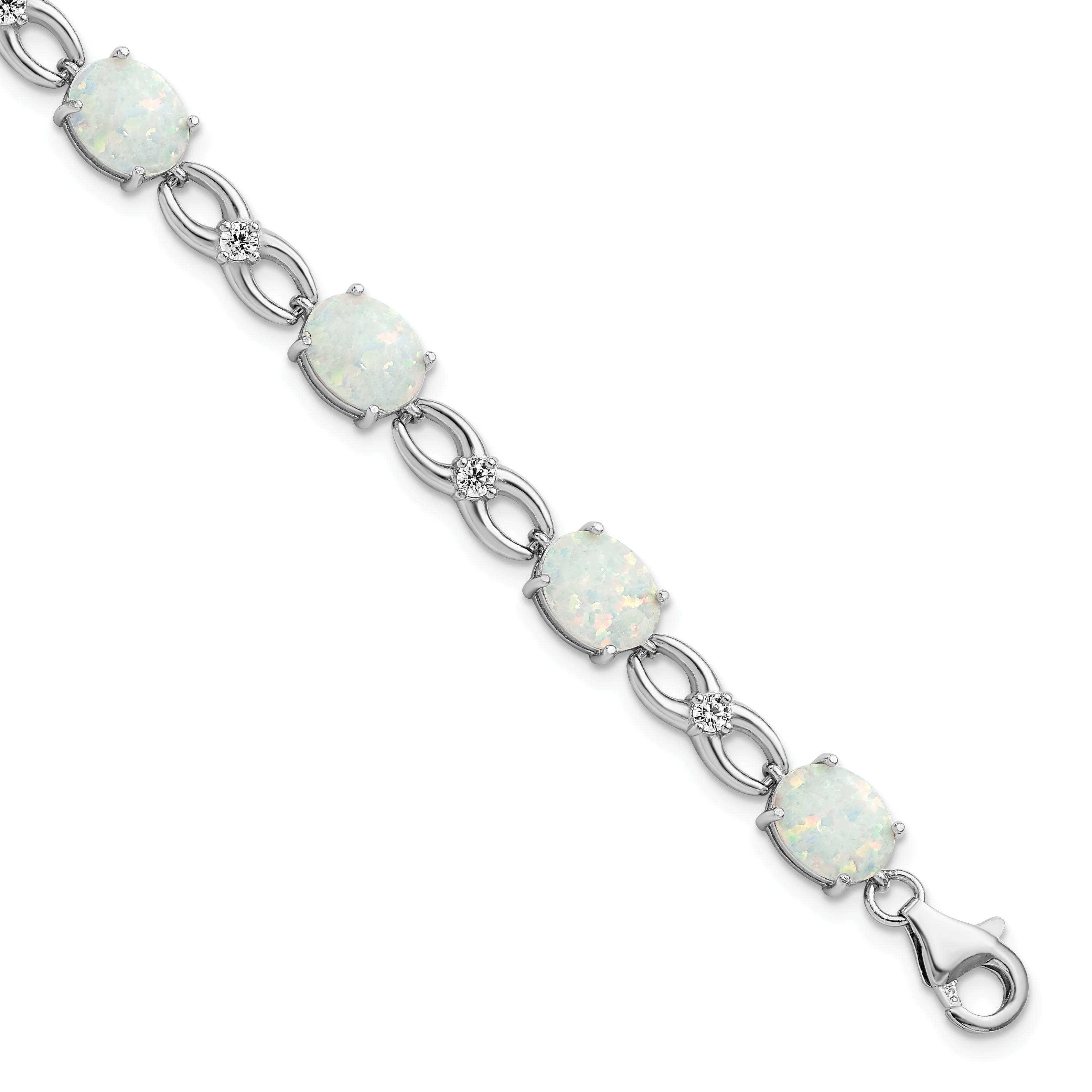 Sterling Silver Rhodium-plated Polished White Created Opal & CZ Bracelet (QG5926-7.25)