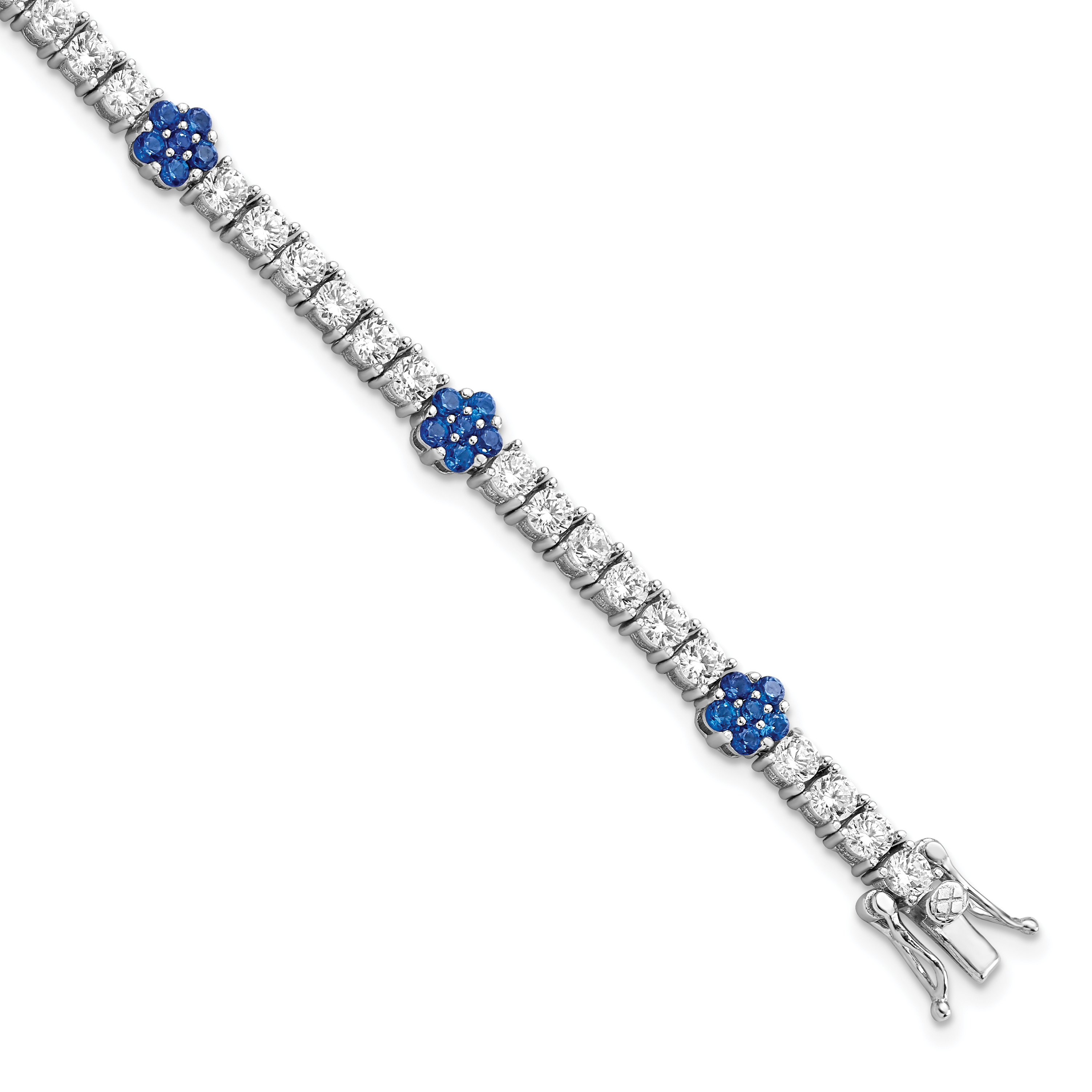 Sterling Silver Rhodium-plated Cr Blue Spinel & CZ Flower 7in Bracelet (QG5927-7)