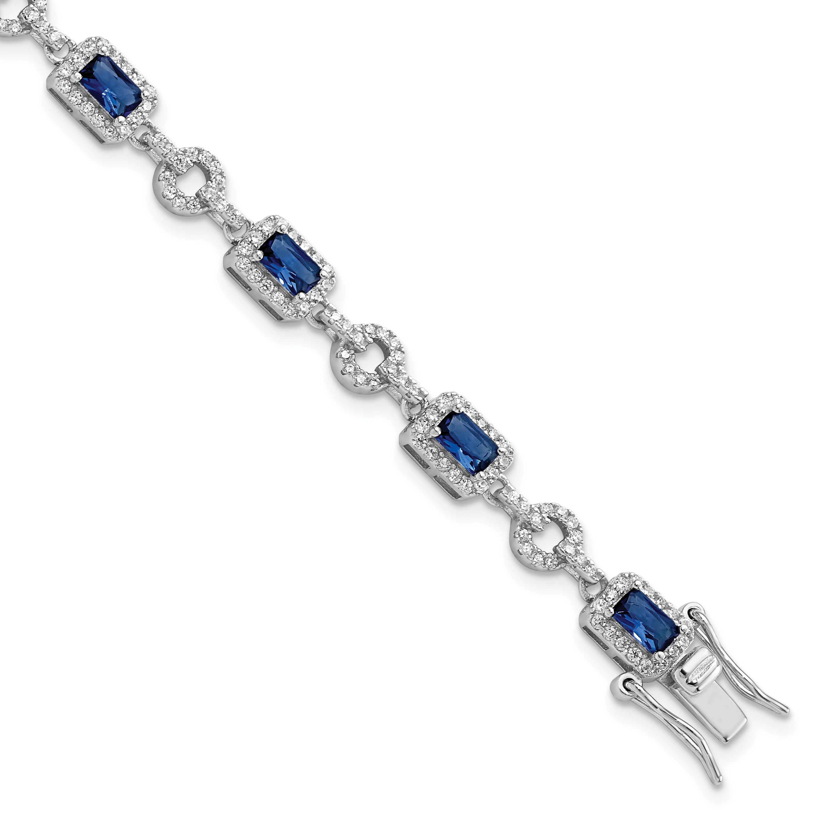 Sterling Silver Rhodium-plated CZ and Blue Glass Stone 7.75 inch Bracelet (QG5929-7.75)