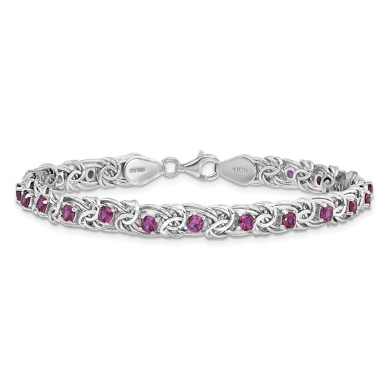Sterling Silver Rhodium-plated Dark Pink Glass Flat Link 7.5in Bracelet