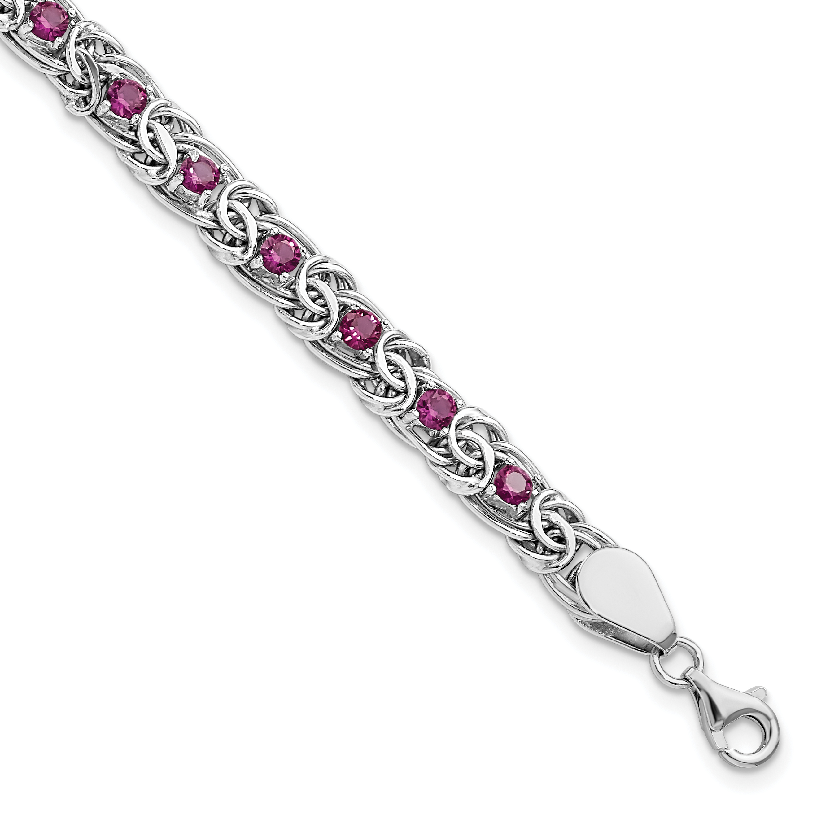 Sterling Silver Rhodium-plated Dark Pink Glass Flat Link 7.5in Bracelet (QG5936-7.5)