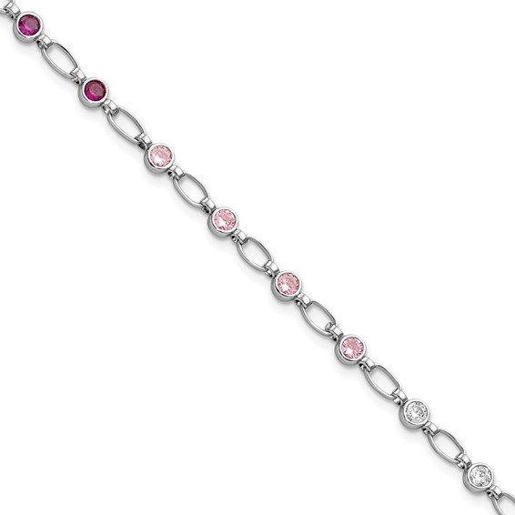Sterling Silver Rhodium-plated Polished Red Pink Clear CZ Bracelet