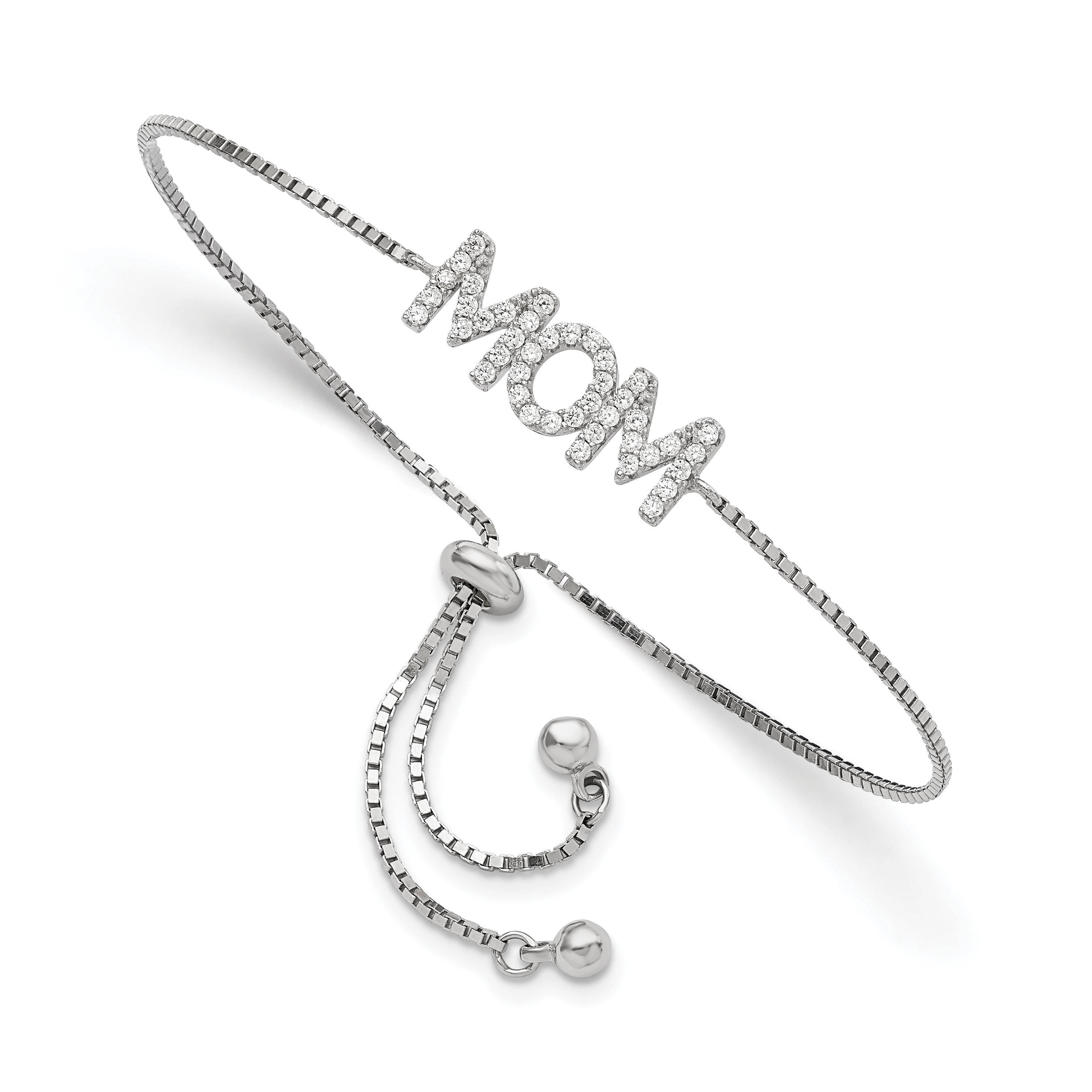Sterling Silver Polished Rhodium-plated Pavé CZ MOM Adjustable Bracelet (QG5940)