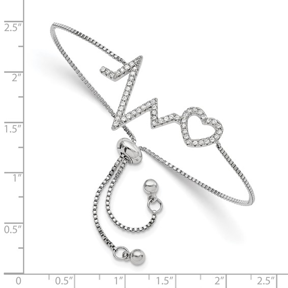 Sterling Silver Polished Rhodium Micro Pavé CZ Heartbeat Adj. Bracelet