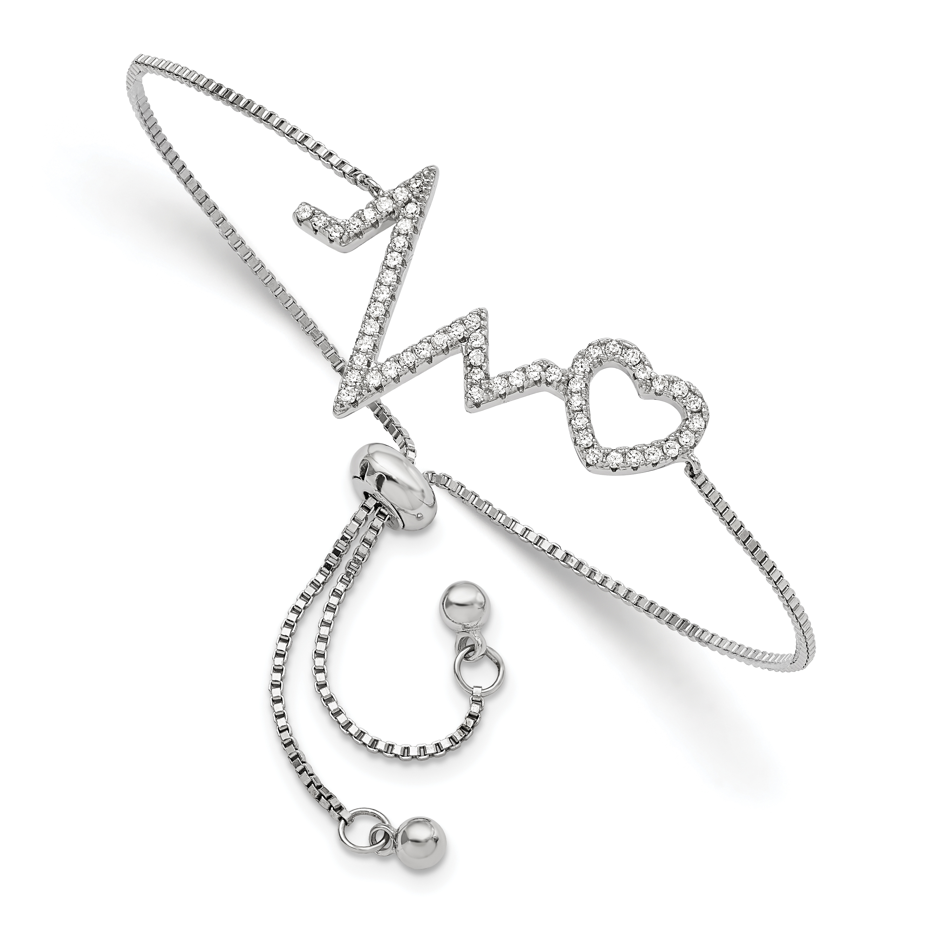 Sterling Silver Polished Rhodium Micro PavÃ© CZ Heartbeat Adj. Bracelet (QG5941)