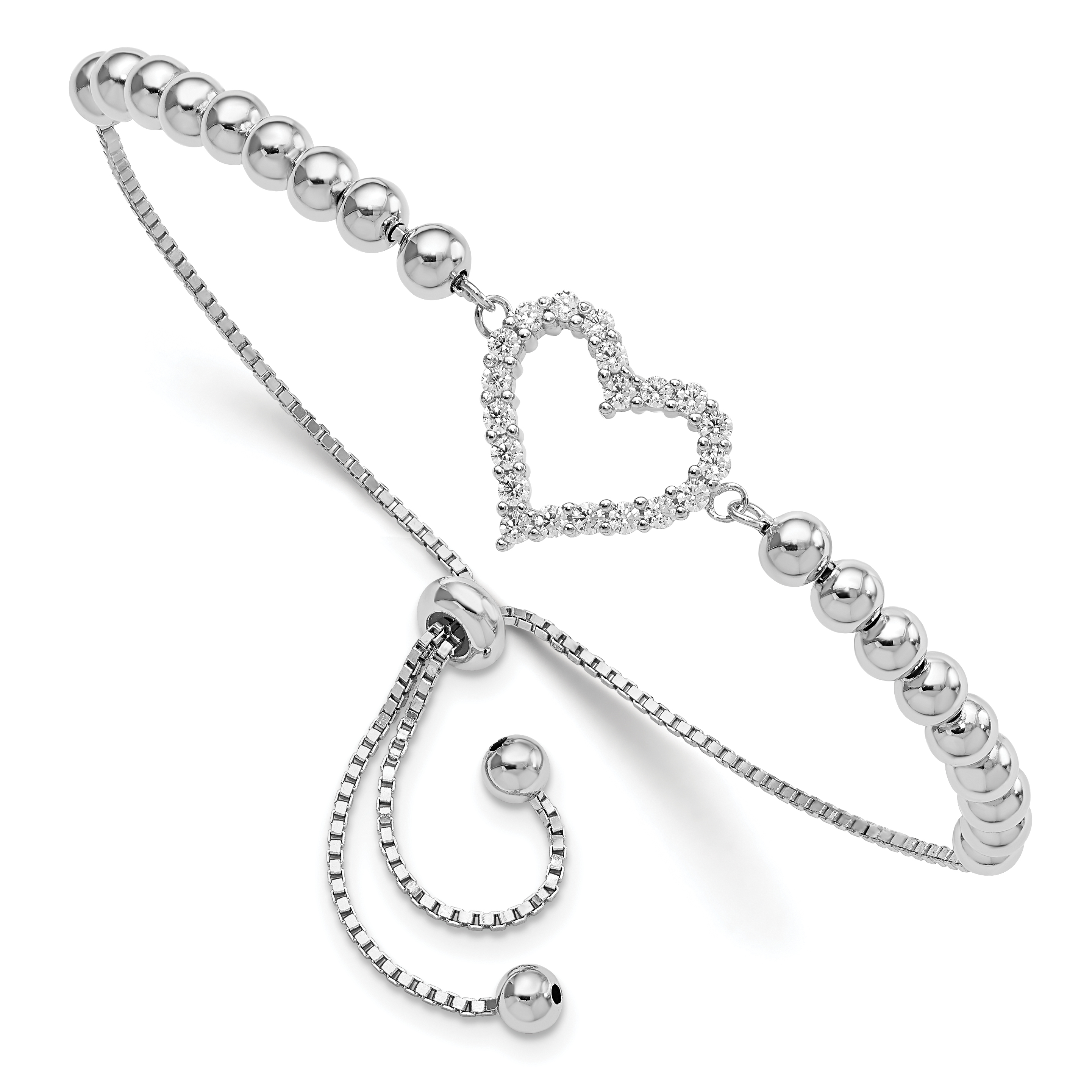 Sterling Silver Rhodium-plated Beaded CZ Heart Adjustable Bracelet (QG5942)