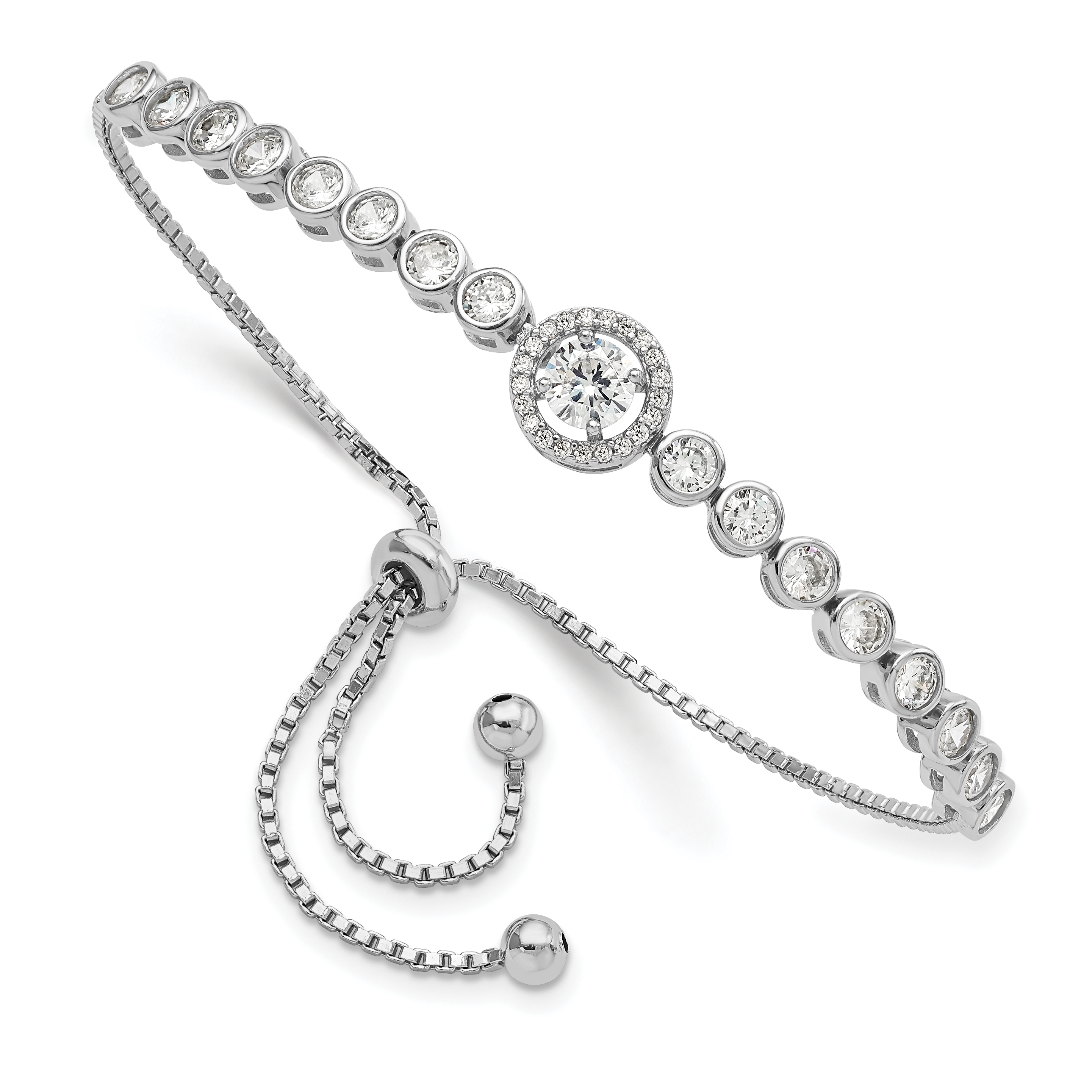 Sterling Silver Rhodium-plated Bezel Set CZ & Halo CZ Adjustable Bracelet (QG5945)