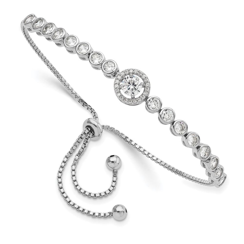Sterling Silver Rhodium-plated Bezel Set CZ & Halo CZ Adjustable Bracelet (QG5945)